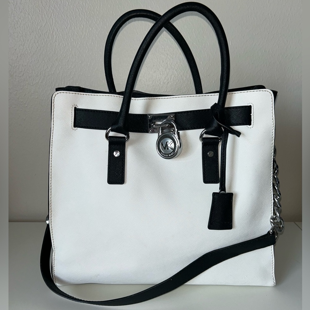Michael Kors White and Black Large Hamilton Bag with Handle and Shoulder Strap